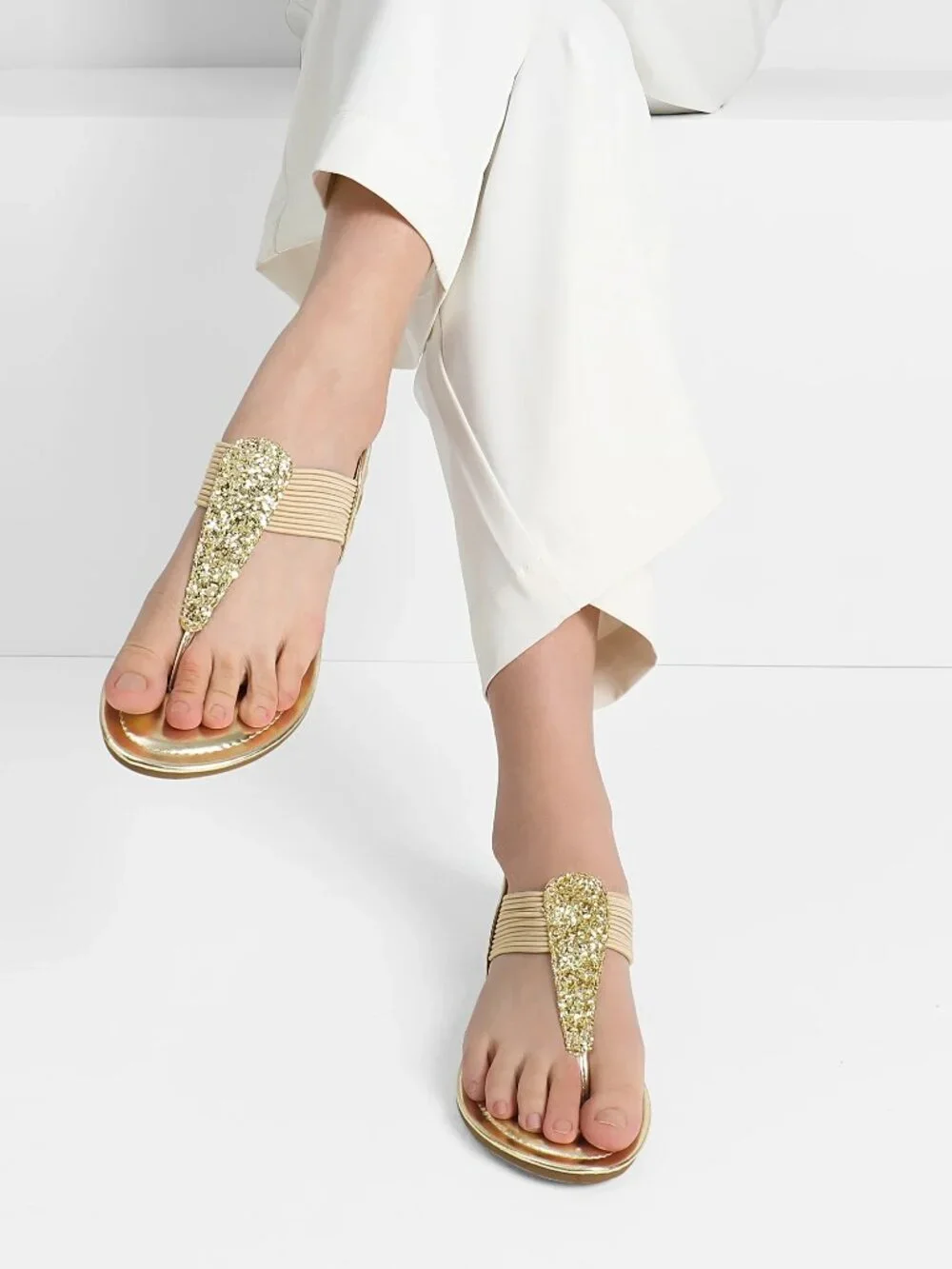 SANDALUP Glitter T-Strap Flat Sandals